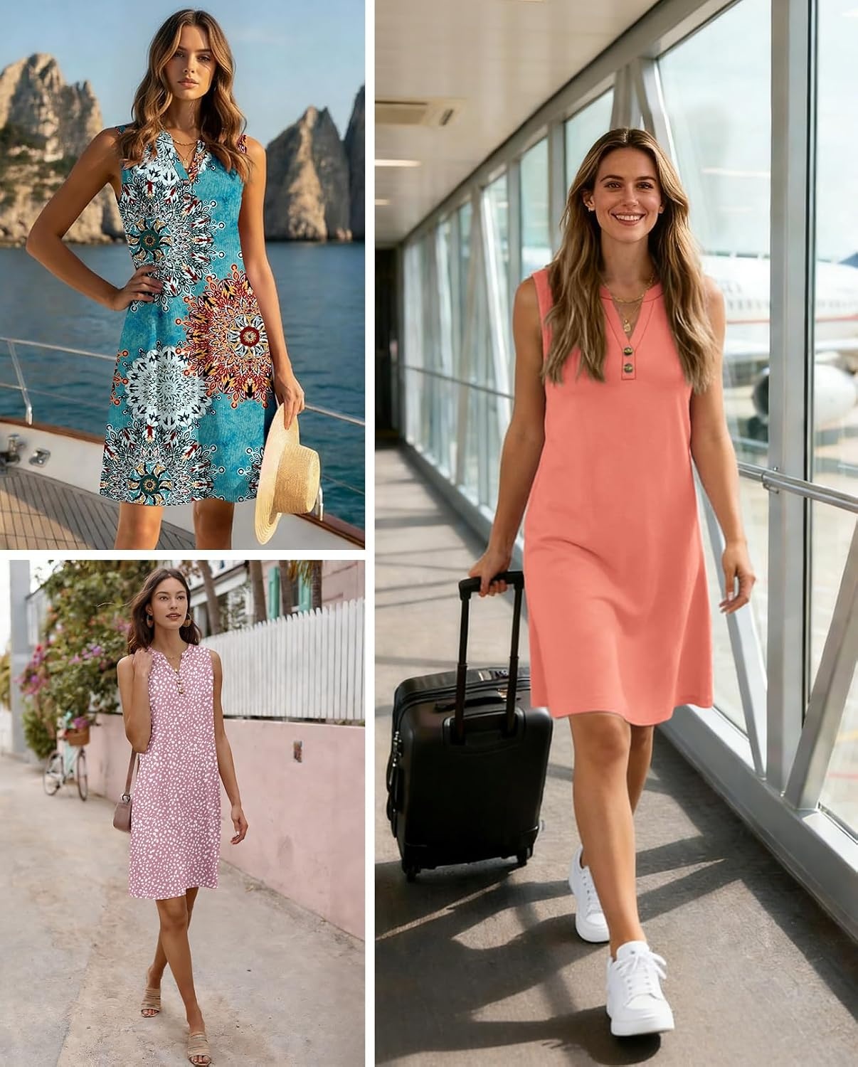 image:imageATHMILE Summer Dresses for Women 2026 Beach Vacation Clothes V Neck Henley Button Holiday Sundresses Pockets Date OutfitsCoral