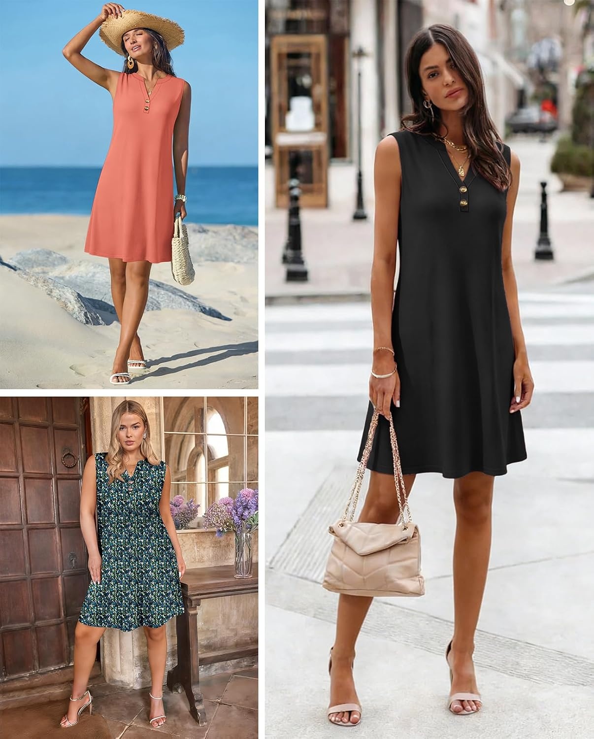image:imageATHMILE Summer Dresses for Women 2026 Beach Vacation Clothes V Neck Henley Button Holiday Sundresses Pockets Date OutfitsCoral