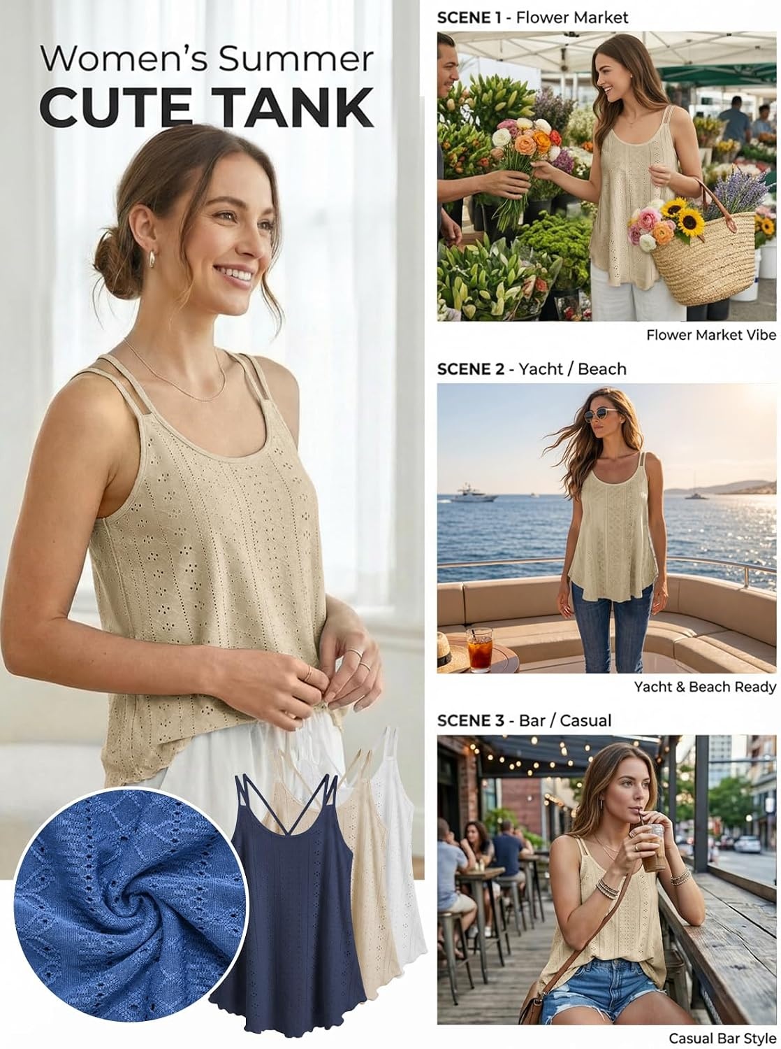image:imageATHMILE Womens Tank Tops Sleeveless Summer Top Spaghetti Strap Flowy Boho ClothesLoose Spring Shirt Loose FitBeach Vacation Camisole EyeletApricot
