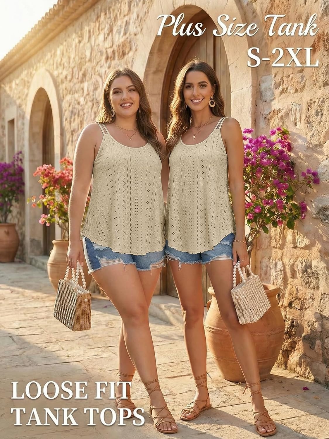 image:imageATHMILE Womens Tank Tops Sleeveless Summer Top Spaghetti Strap Flowy Boho ClothesLoose Spring Shirt Loose FitBeach Vacation Camisole EyeletApricot
