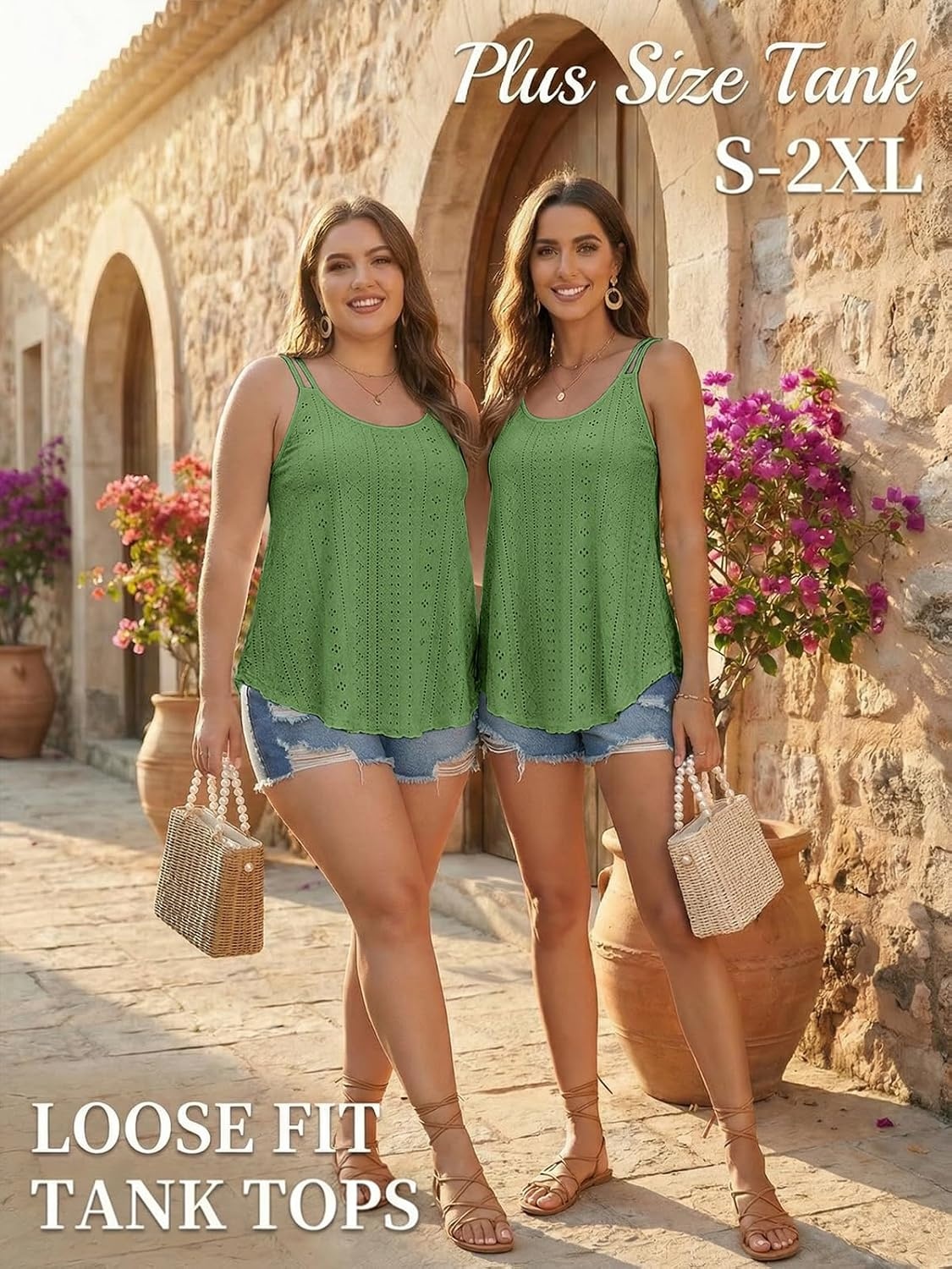 image:imageATHMILE Womens Tank Tops Sleeveless Summer Top Spaghetti Strap Flowy Boho ClothesLoose Spring Shirt Loose FitBeach Vacation Camisole EyeletArmy Green