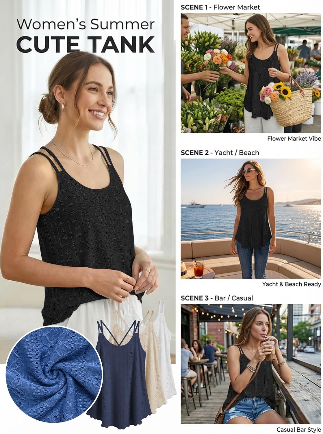 image:imageATHMILE Womens Tank Tops Sleeveless Summer Top Spaghetti Strap Flowy Boho ClothesLoose Spring Shirt Loose FitBeach Vacation Camisole EyeletBlack