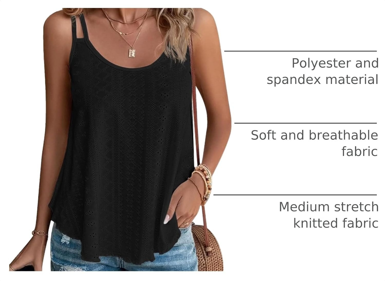 image:imageATHMILE Womens Tank Tops Sleeveless Summer Top Spaghetti Strap Flowy Boho ClothesLoose Spring Shirt Loose FitBeach Vacation Camisole EyeletBlack