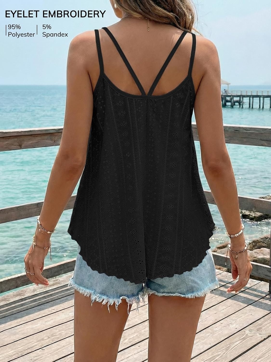 image:imageATHMILE Womens Tank Tops Sleeveless Summer Top Spaghetti Strap Flowy Boho ClothesLoose Spring Shirt Loose FitBeach Vacation Camisole EyeletBlack