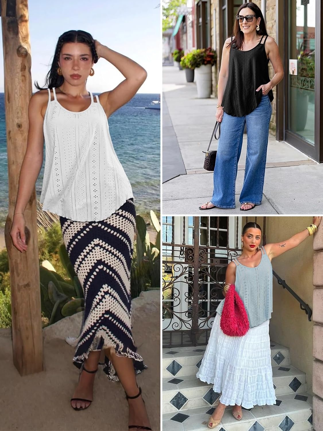 image:imageATHMILE Womens Tank Tops Sleeveless Summer Top Spaghetti Strap Flowy Boho ClothesLoose Spring Shirt Loose FitBeach Vacation Camisole EyeletBlack