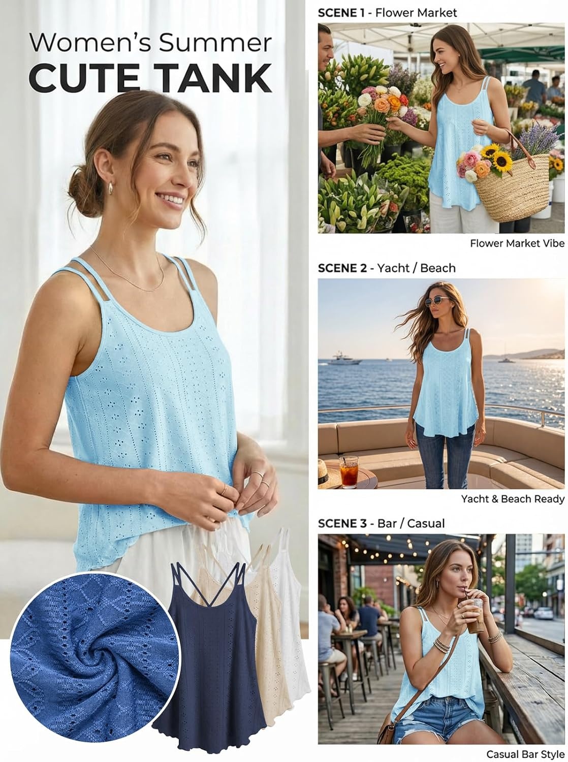 image:imageATHMILE Womens Tank Tops Sleeveless Summer Top Spaghetti Strap Flowy Boho ClothesLoose Spring Shirt Loose FitBeach Vacation Camisole EyeletBlue