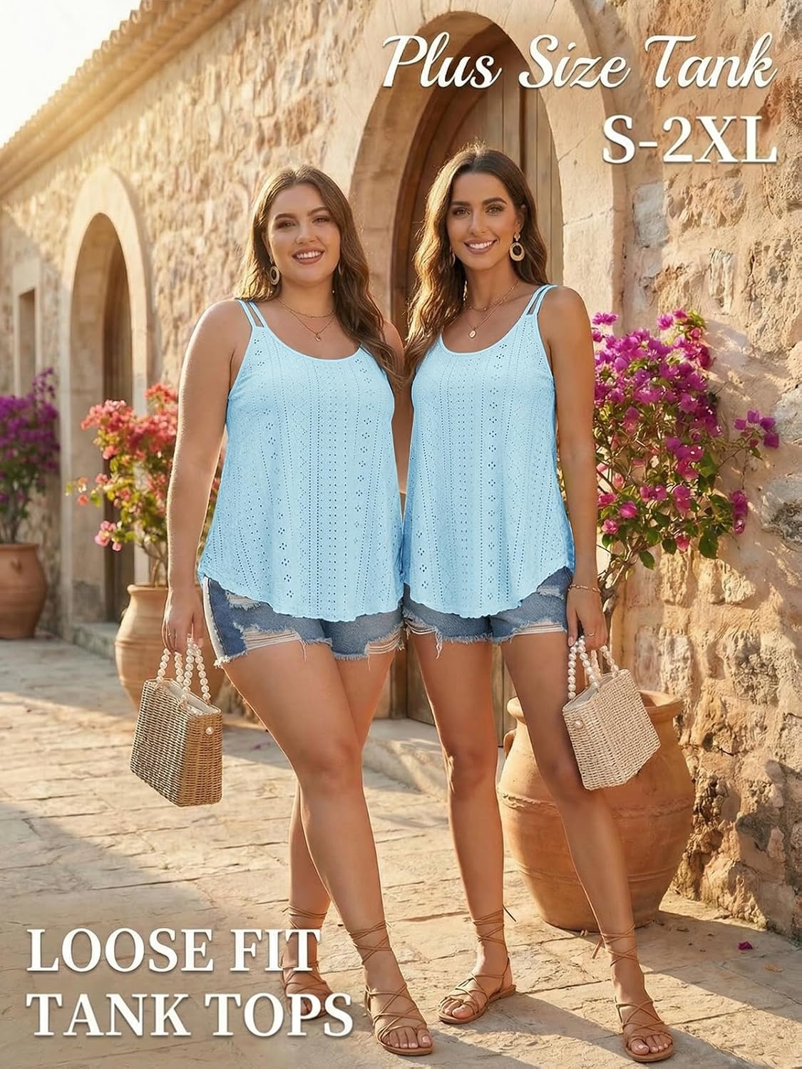 image:imageATHMILE Womens Tank Tops Sleeveless Summer Top Spaghetti Strap Flowy Boho ClothesLoose Spring Shirt Loose FitBeach Vacation Camisole EyeletBlue