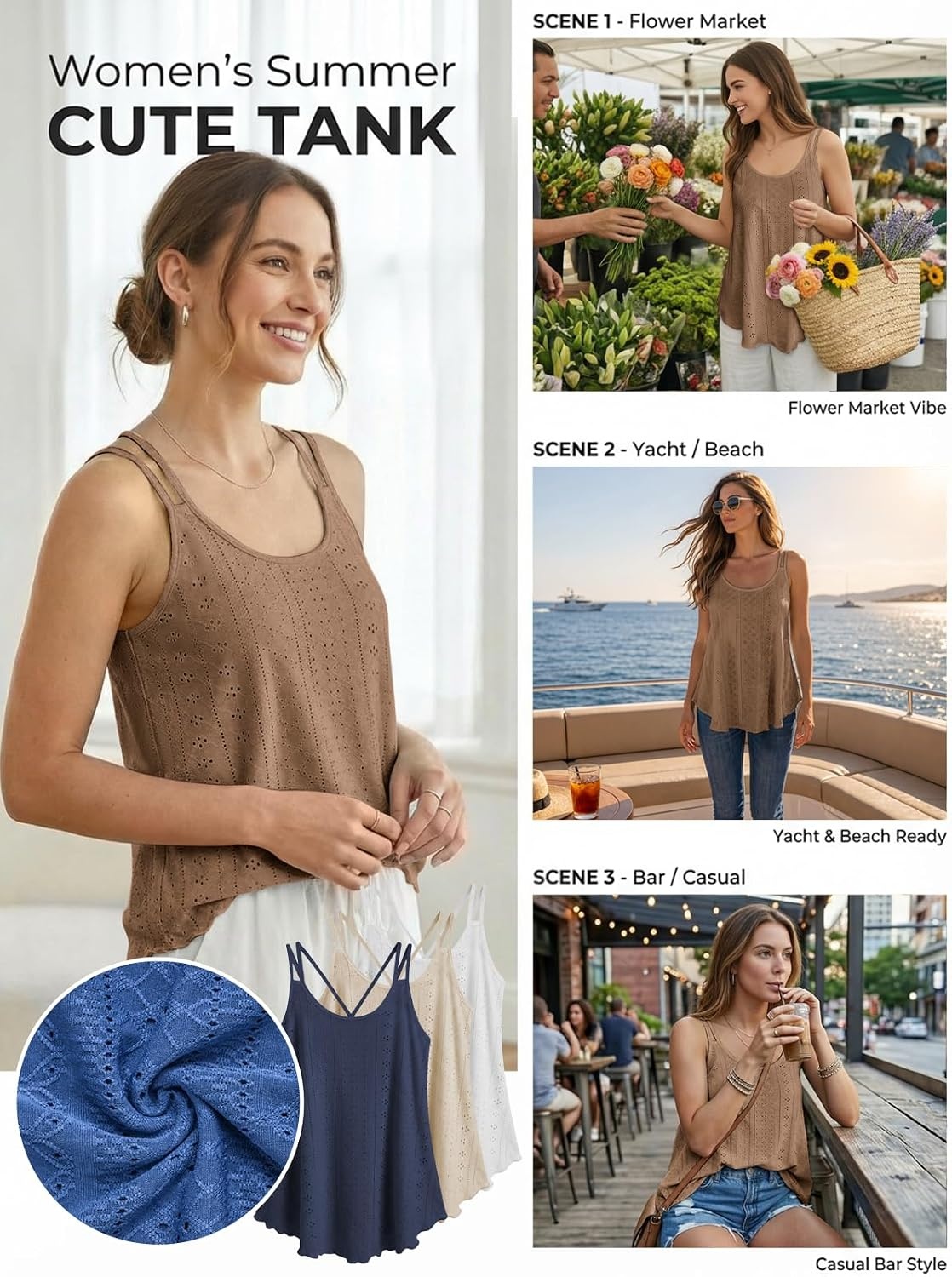image:imageATHMILE Womens Tank Tops Sleeveless Summer Top Spaghetti Strap Flowy Boho ClothesLoose Spring Shirt Loose FitBeach Vacation Camisole EyeletBrown