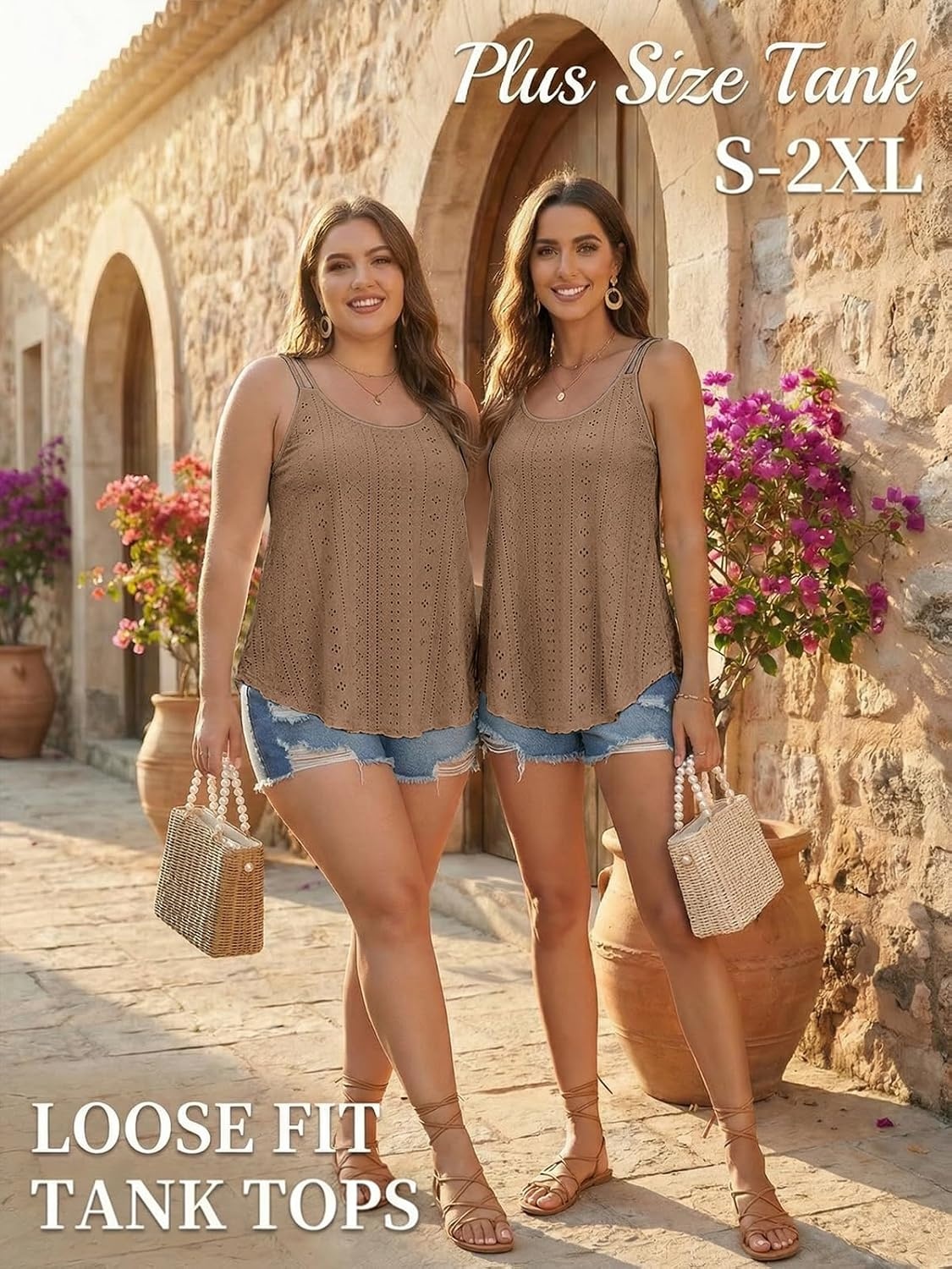 image:imageATHMILE Womens Tank Tops Sleeveless Summer Top Spaghetti Strap Flowy Boho ClothesLoose Spring Shirt Loose FitBeach Vacation Camisole EyeletBrown