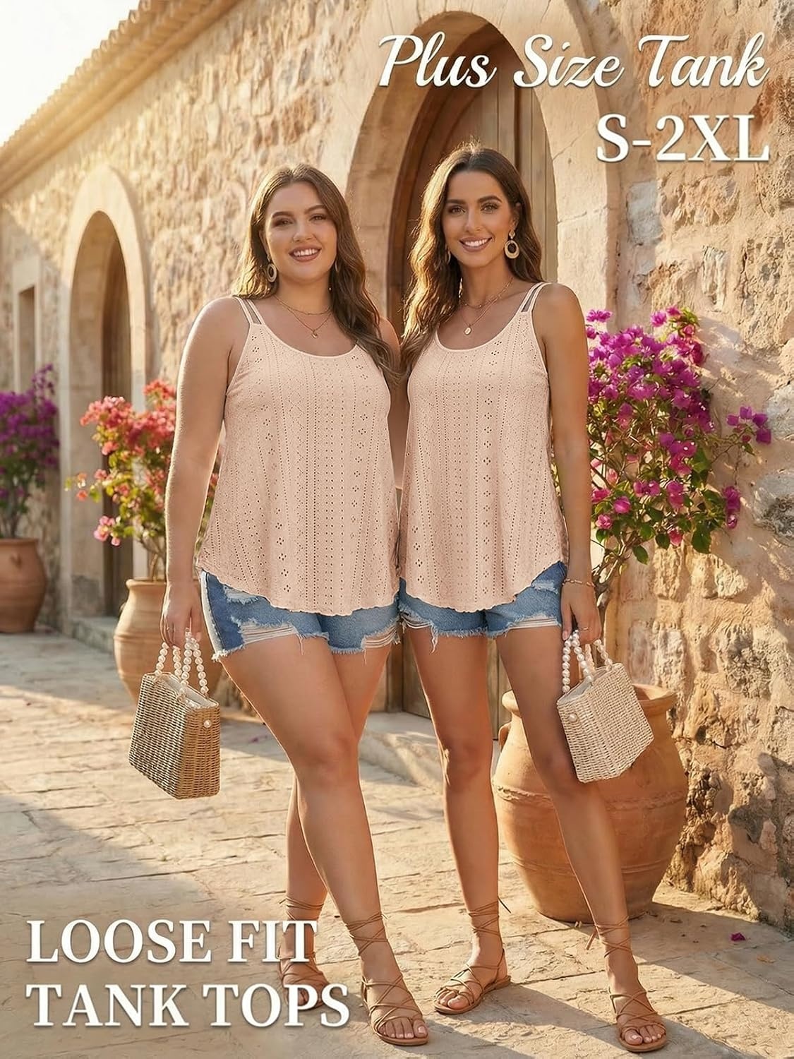 image:imageATHMILE Womens Tank Tops Sleeveless Summer Top Spaghetti Strap Flowy Boho ClothesLoose Spring Shirt Loose FitBeach Vacation Camisole EyeletCoral