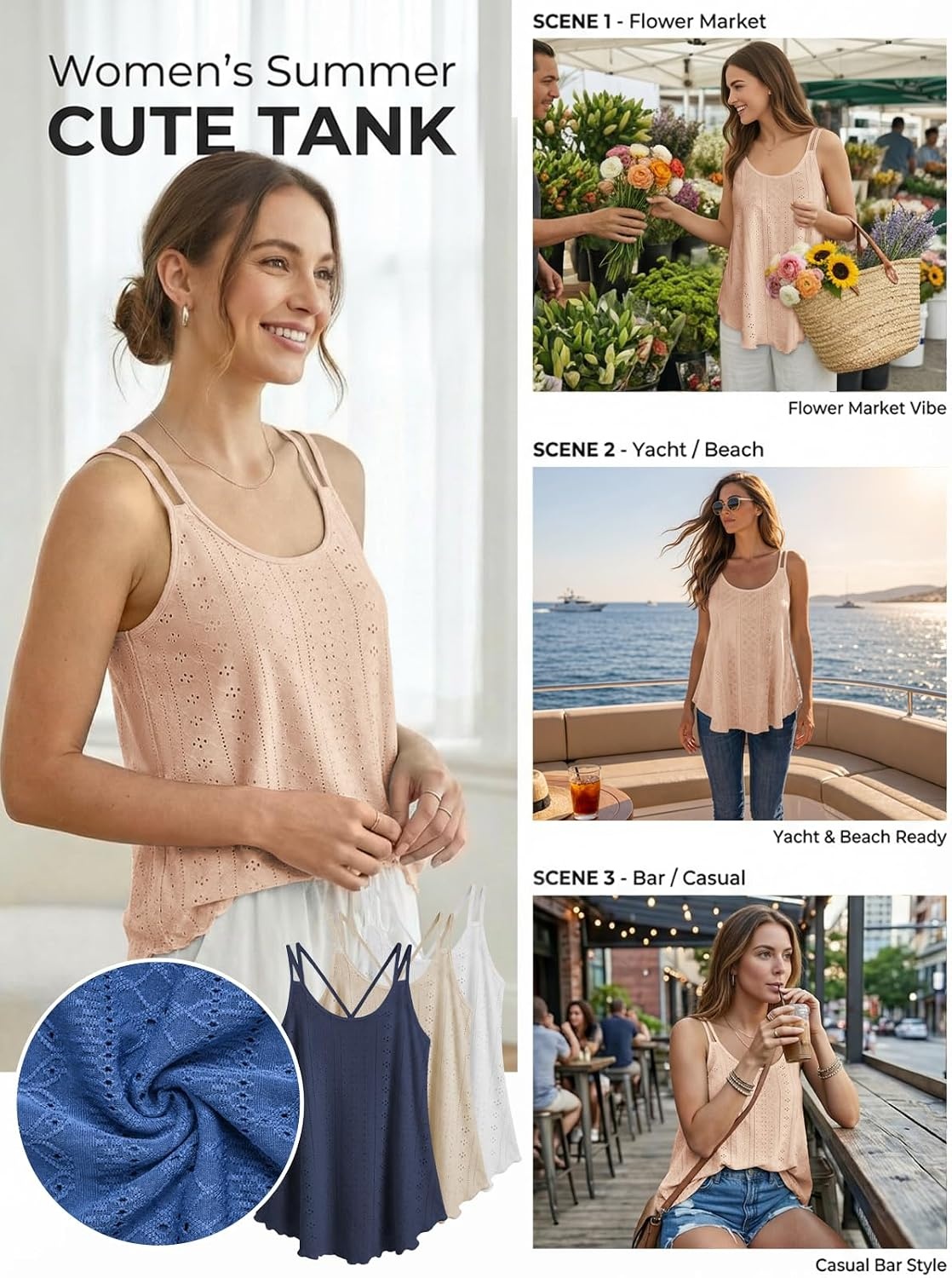 image:imageATHMILE Womens Tank Tops Sleeveless Summer Top Spaghetti Strap Flowy Boho ClothesLoose Spring Shirt Loose FitBeach Vacation Camisole EyeletCoral