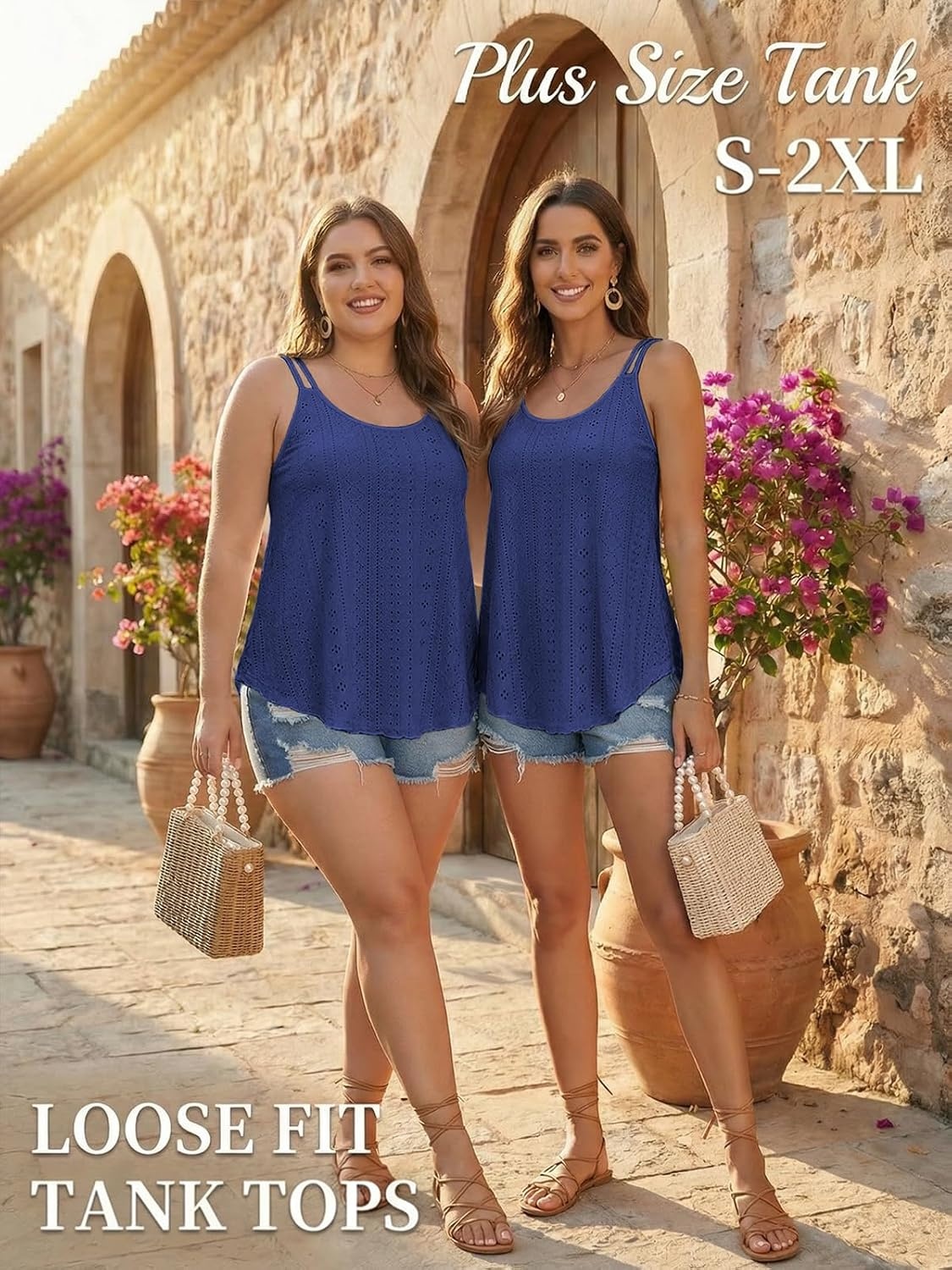 image:imageATHMILE Womens Tank Tops Sleeveless Summer Top Spaghetti Strap Flowy Boho ClothesLoose Spring Shirt Loose FitBeach Vacation Camisole EyeletDark Blue