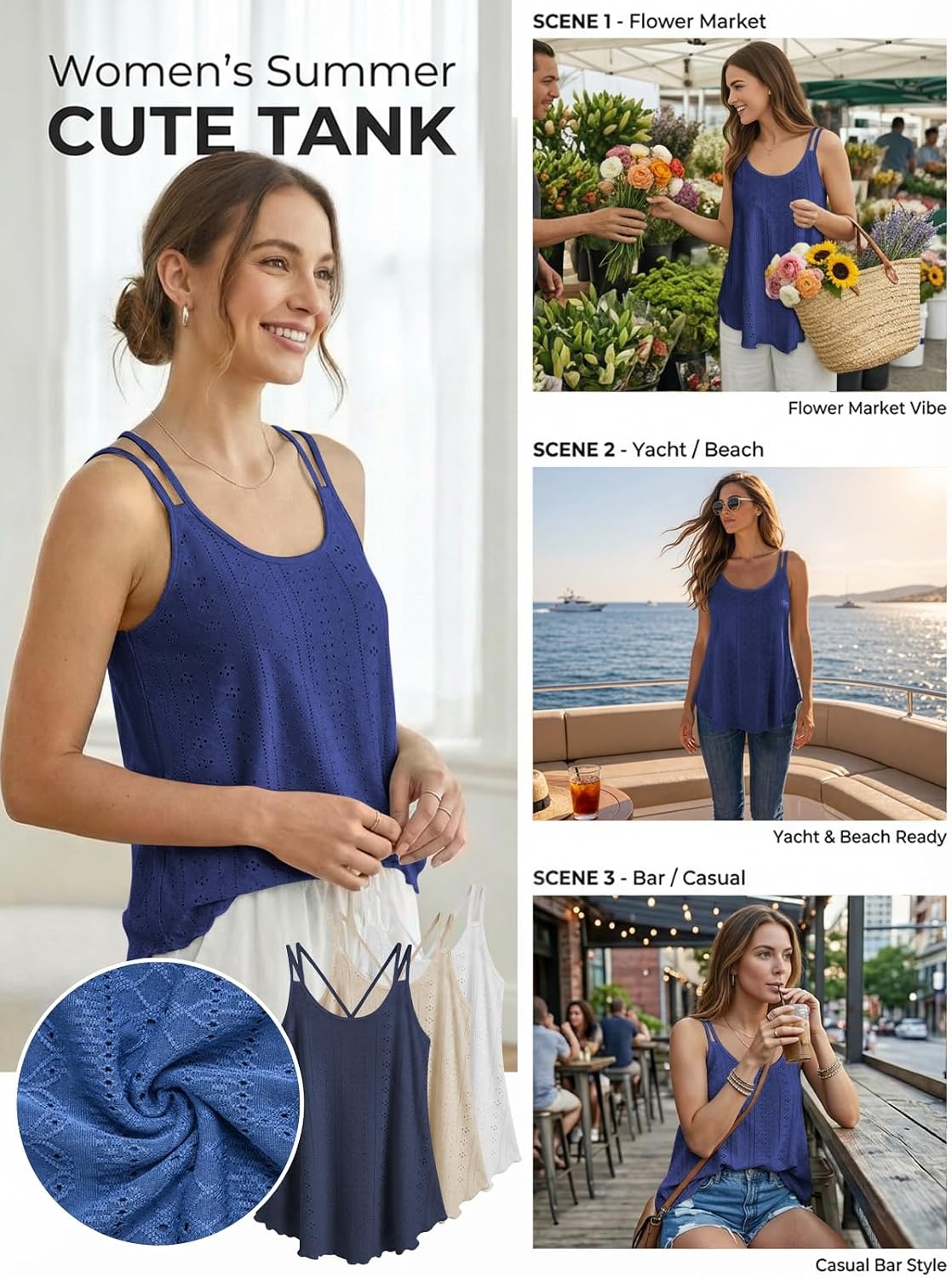 image:imageATHMILE Womens Tank Tops Sleeveless Summer Top Spaghetti Strap Flowy Boho ClothesLoose Spring Shirt Loose FitBeach Vacation Camisole EyeletDark Blue