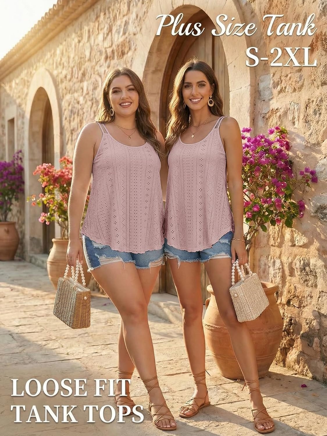 image:imageATHMILE Womens Tank Tops Sleeveless Summer Top Spaghetti Strap Flowy Boho ClothesLoose Spring Shirt Loose FitBeach Vacation Camisole EyeletDark Pink