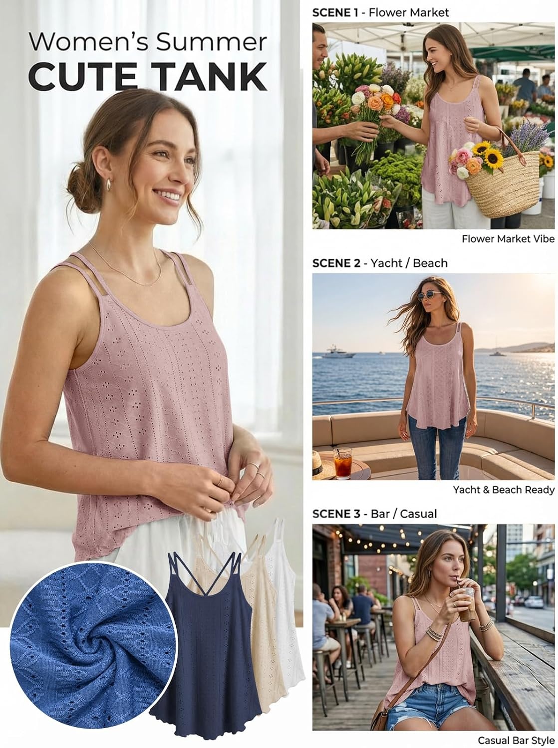 image:imageATHMILE Womens Tank Tops Sleeveless Summer Top Spaghetti Strap Flowy Boho ClothesLoose Spring Shirt Loose FitBeach Vacation Camisole EyeletDark Pink