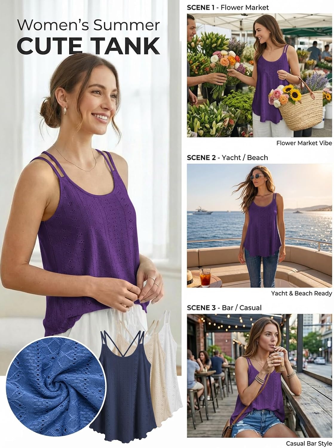 image:imageATHMILE Womens Tank Tops Sleeveless Summer Top Spaghetti Strap Flowy Boho ClothesLoose Spring Shirt Loose FitBeach Vacation Camisole EyeletDark Purple