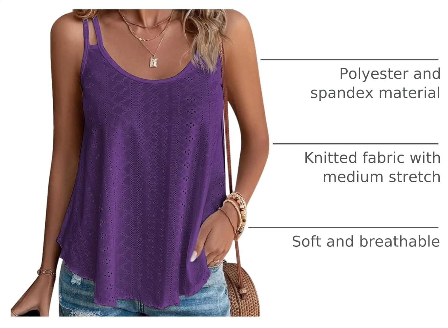 image:imageATHMILE Womens Tank Tops Sleeveless Summer Top Spaghetti Strap Flowy Boho ClothesLoose Spring Shirt Loose FitBeach Vacation Camisole EyeletDark Purple