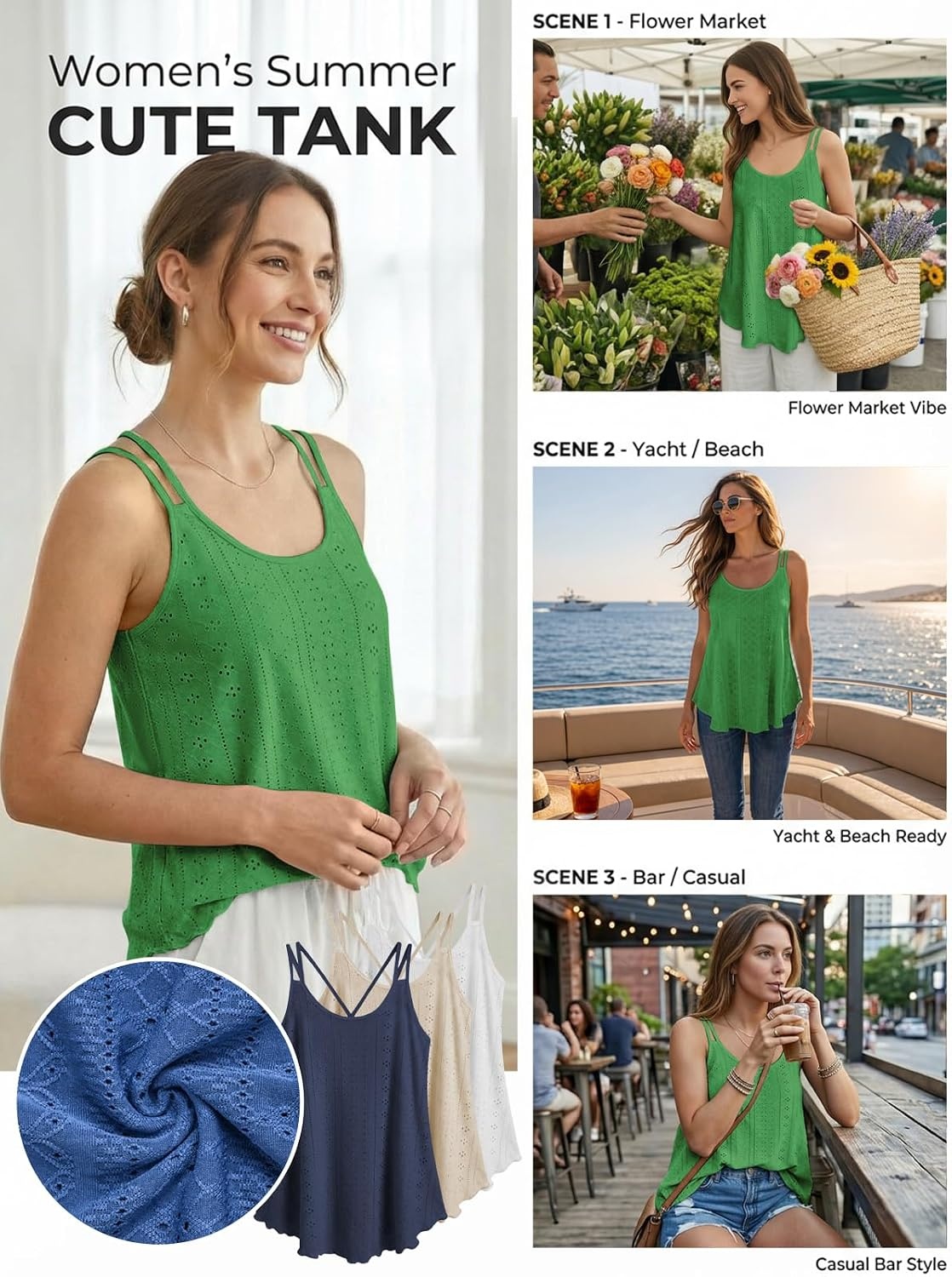 image:imageATHMILE Womens Tank Tops Sleeveless Summer Top Spaghetti Strap Flowy Boho ClothesLoose Spring Shirt Loose FitBeach Vacation Camisole EyeletGrass Green