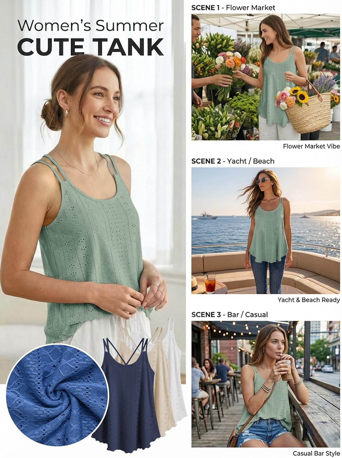 image:imageATHMILE Womens Tank Tops Sleeveless Summer Top Spaghetti Strap Flowy Boho ClothesLoose Spring Shirt Loose FitBeach Vacation Camisole EyeletGreen