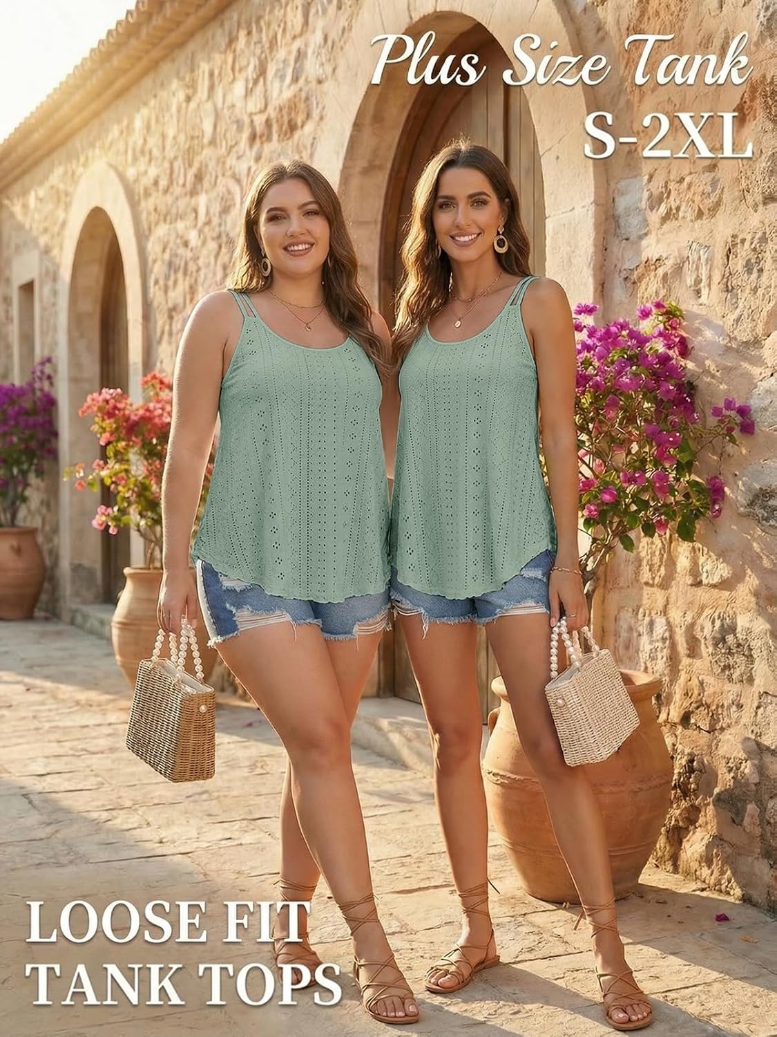 image:imageATHMILE Womens Tank Tops Sleeveless Summer Top Spaghetti Strap Flowy Boho ClothesLoose Spring Shirt Loose FitBeach Vacation Camisole EyeletGreen