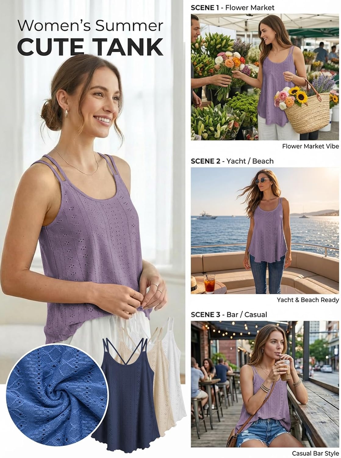 image:imageATHMILE Womens Tank Tops Sleeveless Summer Top Spaghetti Strap Flowy Boho ClothesLoose Spring Shirt Loose FitBeach Vacation Camisole EyeletGrey Purple