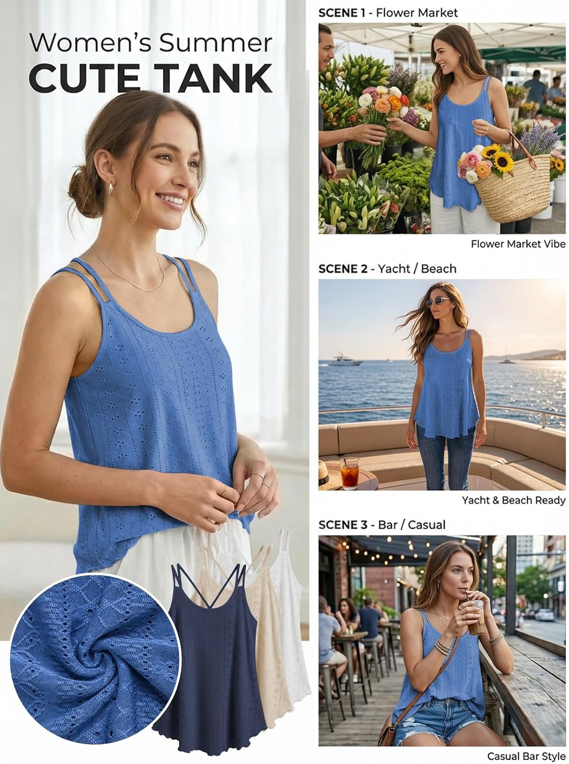 image:imageATHMILE Womens Tank Tops Sleeveless Summer Top Spaghetti Strap Flowy Boho ClothesLoose Spring Shirt Loose FitBeach Vacation Camisole EyeletIndigo