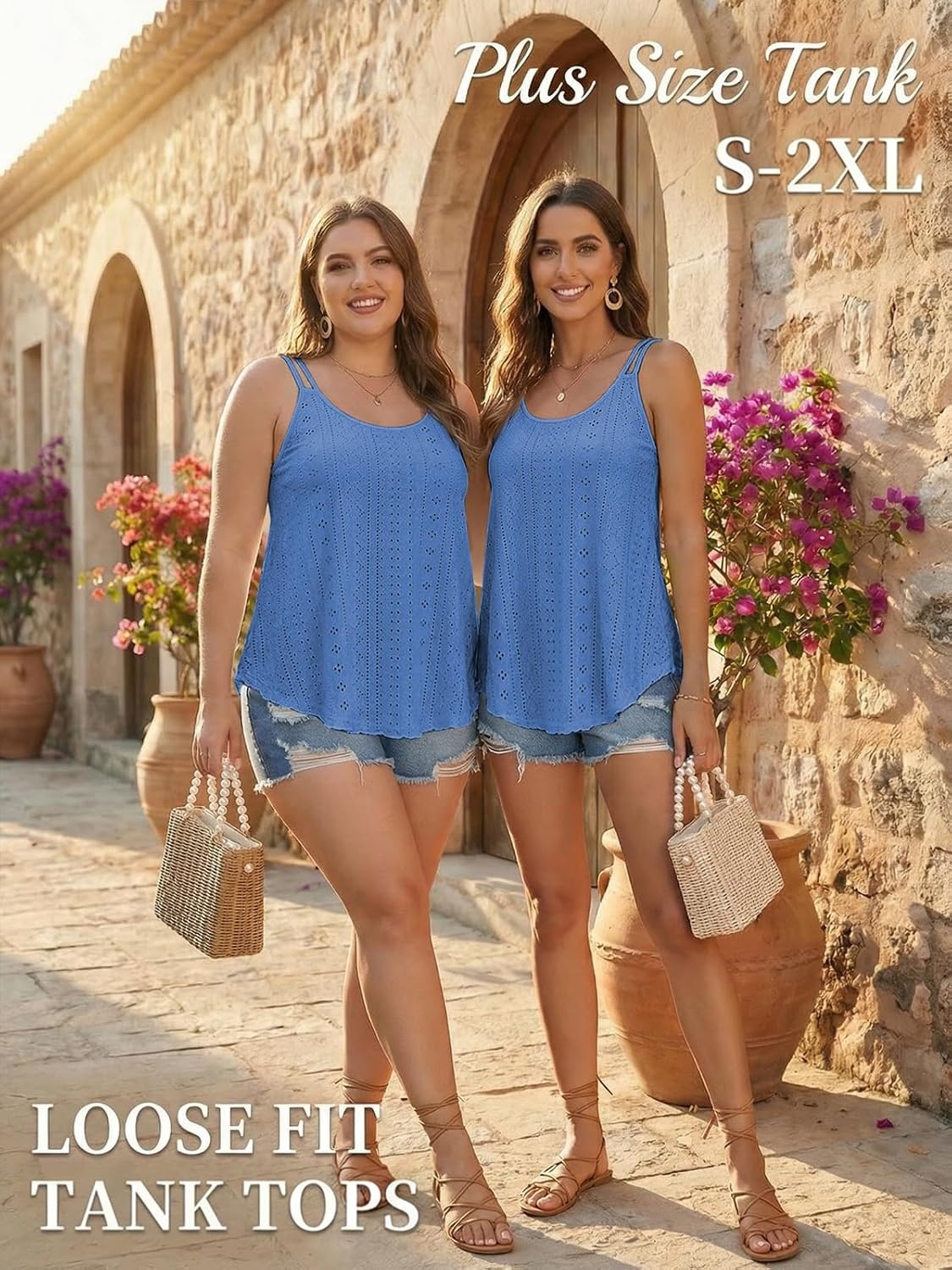 image:imageATHMILE Womens Tank Tops Sleeveless Summer Top Spaghetti Strap Flowy Boho ClothesLoose Spring Shirt Loose FitBeach Vacation Camisole EyeletIndigo