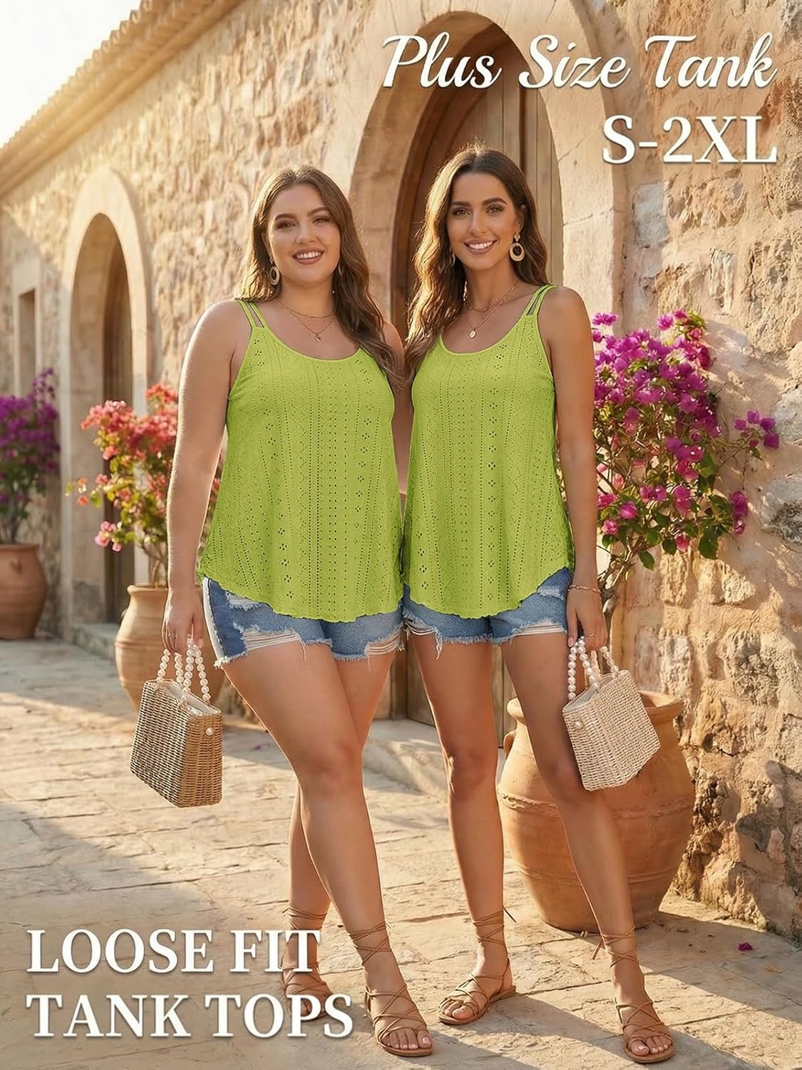 image:imageATHMILE Womens Tank Tops Sleeveless Summer Top Spaghetti Strap Flowy Boho ClothesLoose Spring Shirt Loose FitBeach Vacation Camisole EyeletLime Green
