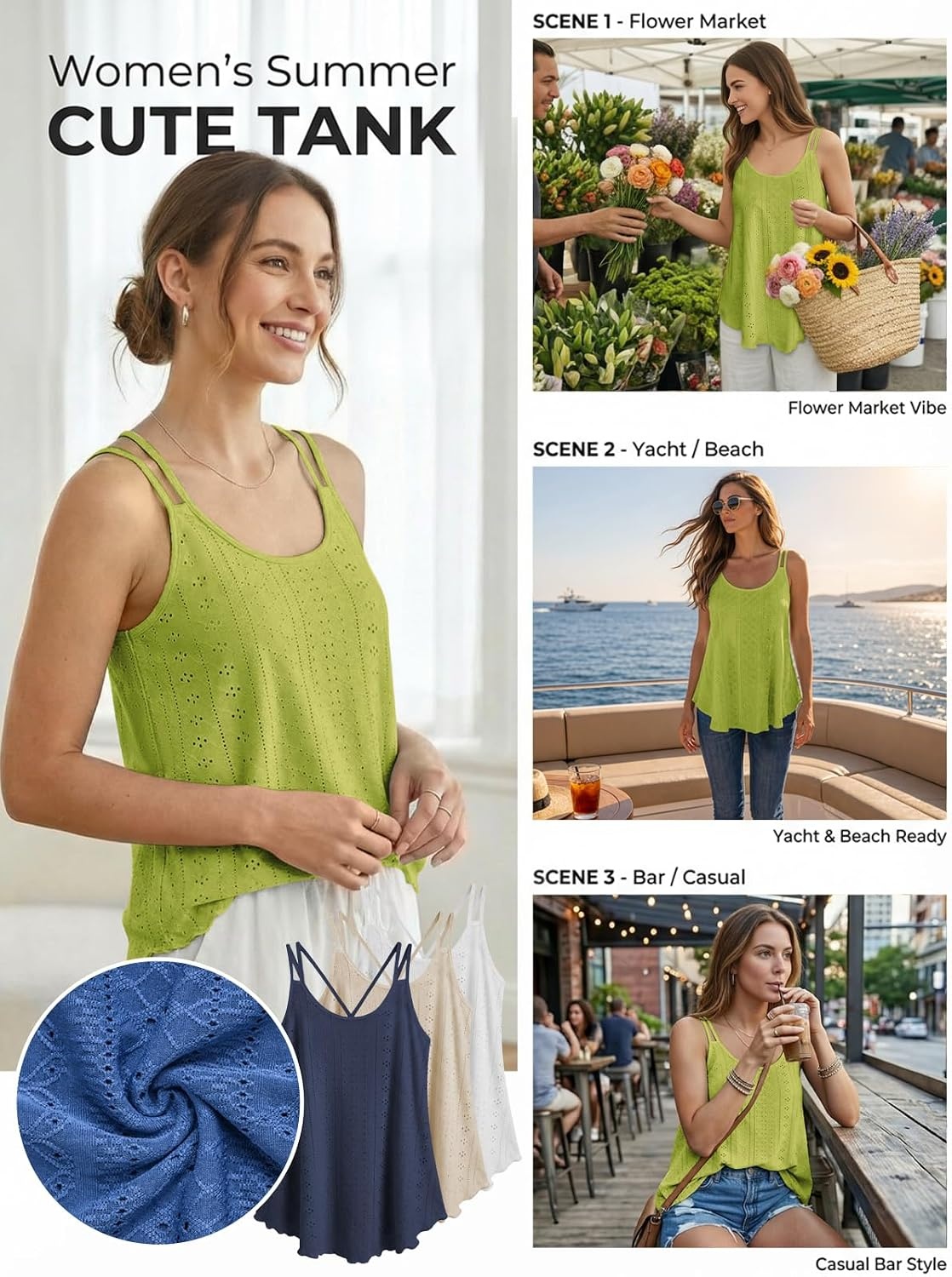 image:imageATHMILE Womens Tank Tops Sleeveless Summer Top Spaghetti Strap Flowy Boho ClothesLoose Spring Shirt Loose FitBeach Vacation Camisole EyeletLime Green