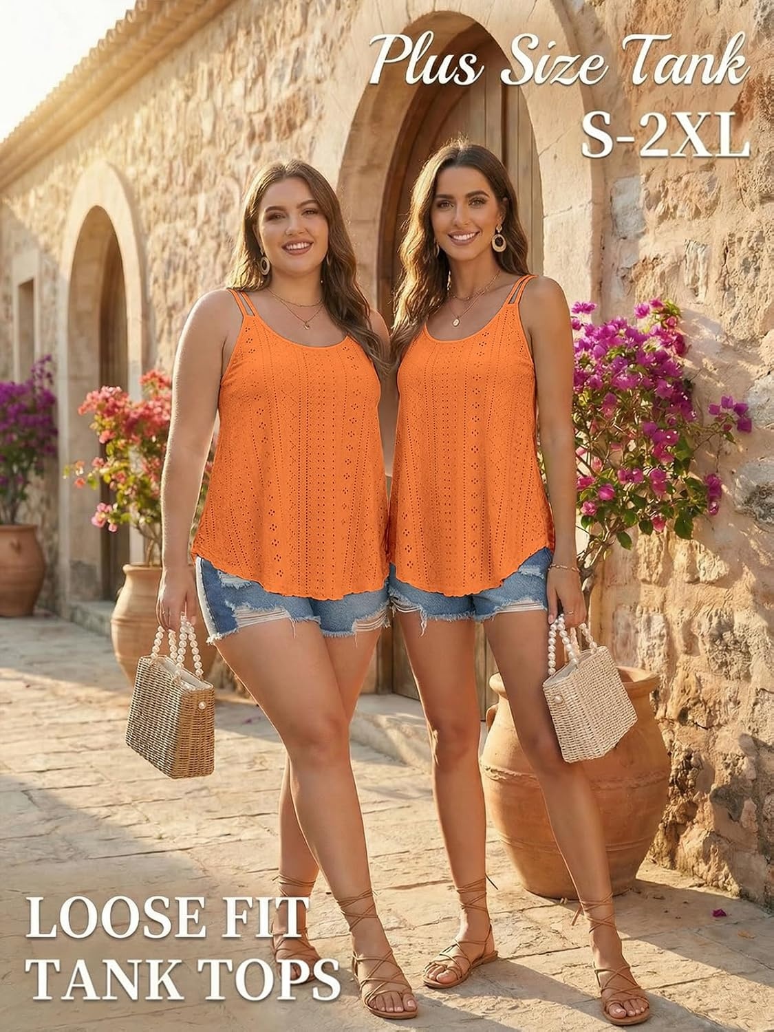 image:imageATHMILE Womens Tank Tops Sleeveless Summer Top Spaghetti Strap Flowy Boho ClothesLoose Spring Shirt Loose FitBeach Vacation Camisole EyeletOrange