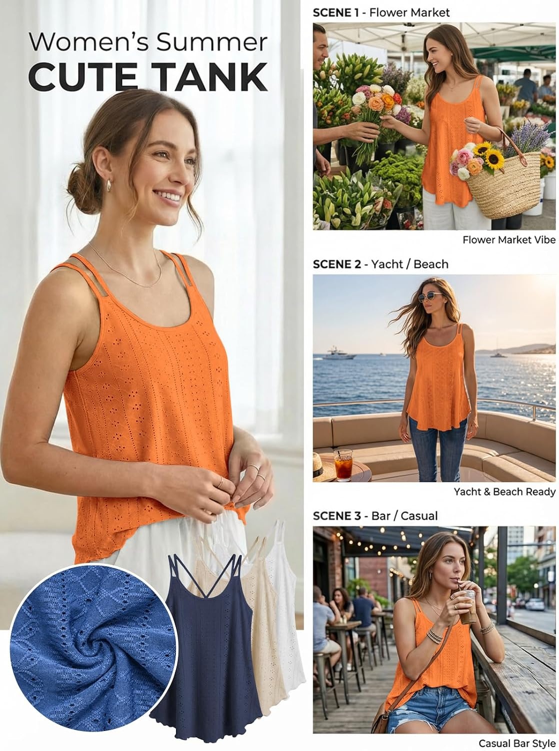 image:imageATHMILE Womens Tank Tops Sleeveless Summer Top Spaghetti Strap Flowy Boho ClothesLoose Spring Shirt Loose FitBeach Vacation Camisole EyeletOrange