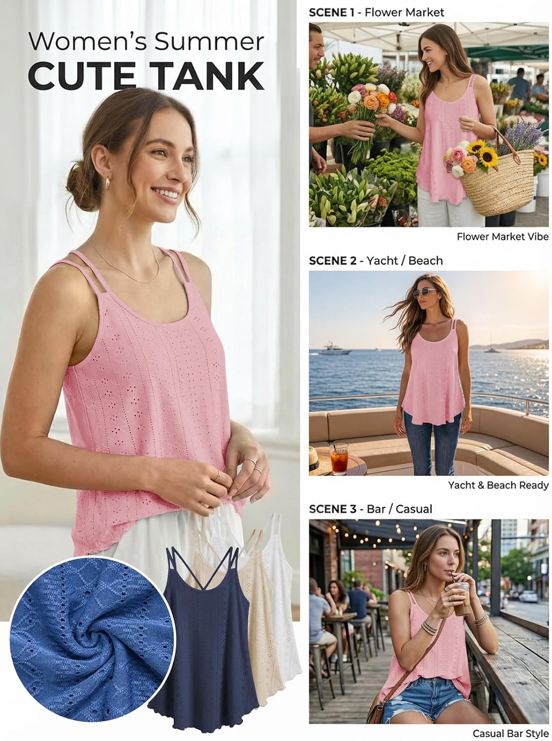 image:imageATHMILE Womens Tank Tops Sleeveless Summer Top Spaghetti Strap Flowy Boho ClothesLoose Spring Shirt Loose FitBeach Vacation Camisole EyeletPink