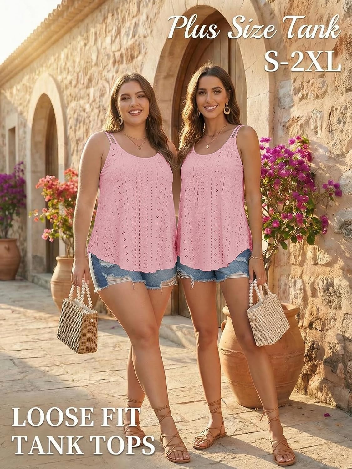image:imageATHMILE Womens Tank Tops Sleeveless Summer Top Spaghetti Strap Flowy Boho ClothesLoose Spring Shirt Loose FitBeach Vacation Camisole EyeletPink