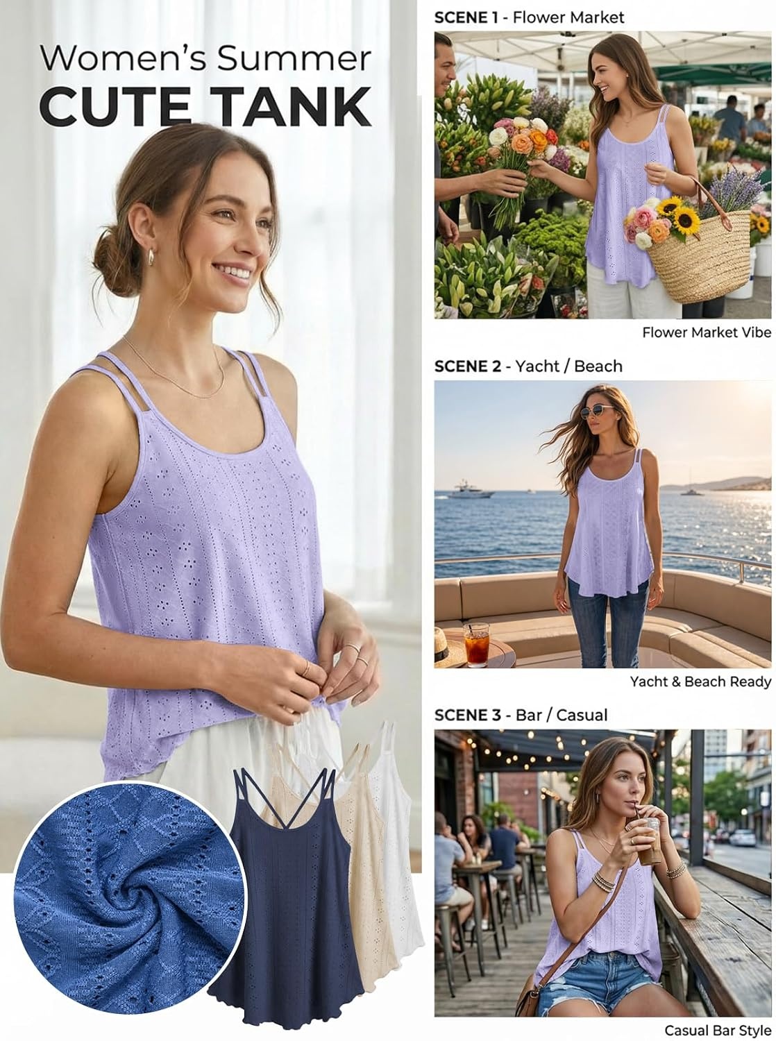 image:imageATHMILE Womens Tank Tops Sleeveless Summer Top Spaghetti Strap Flowy Boho ClothesLoose Spring Shirt Loose FitBeach Vacation Camisole EyeletPurple