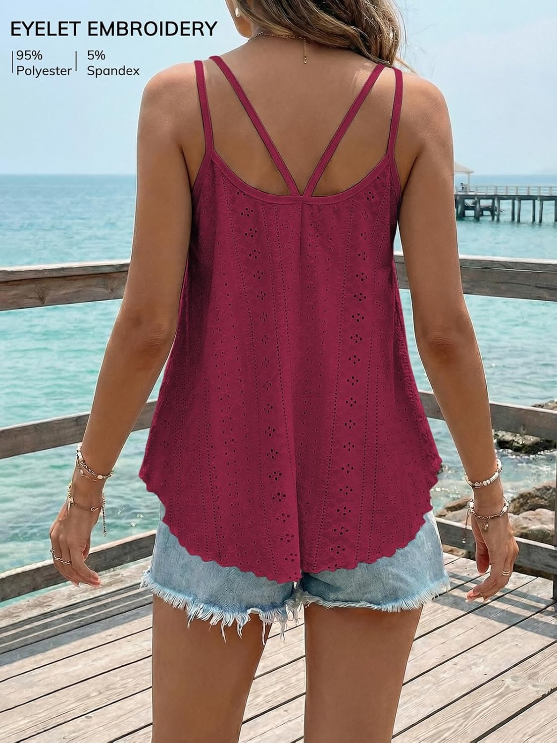 image:imageATHMILE Womens Tank Tops Sleeveless Summer Top Spaghetti Strap Flowy Boho ClothesLoose Spring Shirt Loose FitBeach Vacation Camisole EyeletWine Red