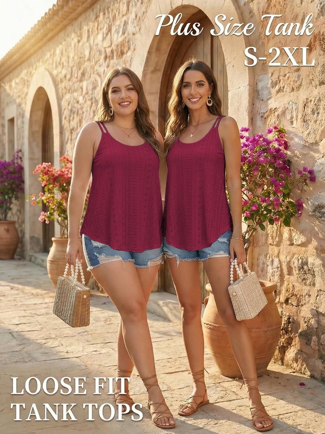 image:imageATHMILE Womens Tank Tops Sleeveless Summer Top Spaghetti Strap Flowy Boho ClothesLoose Spring Shirt Loose FitBeach Vacation Camisole EyeletWine Red
