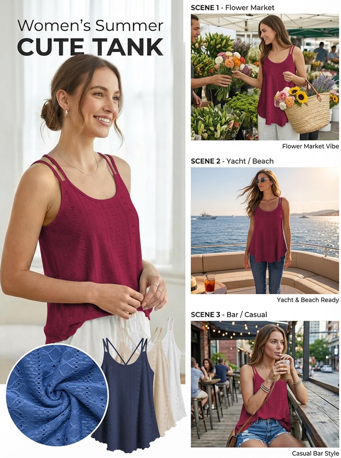 image:imageATHMILE Womens Tank Tops Sleeveless Summer Top Spaghetti Strap Flowy Boho ClothesLoose Spring Shirt Loose FitBeach Vacation Camisole EyeletWine Red
