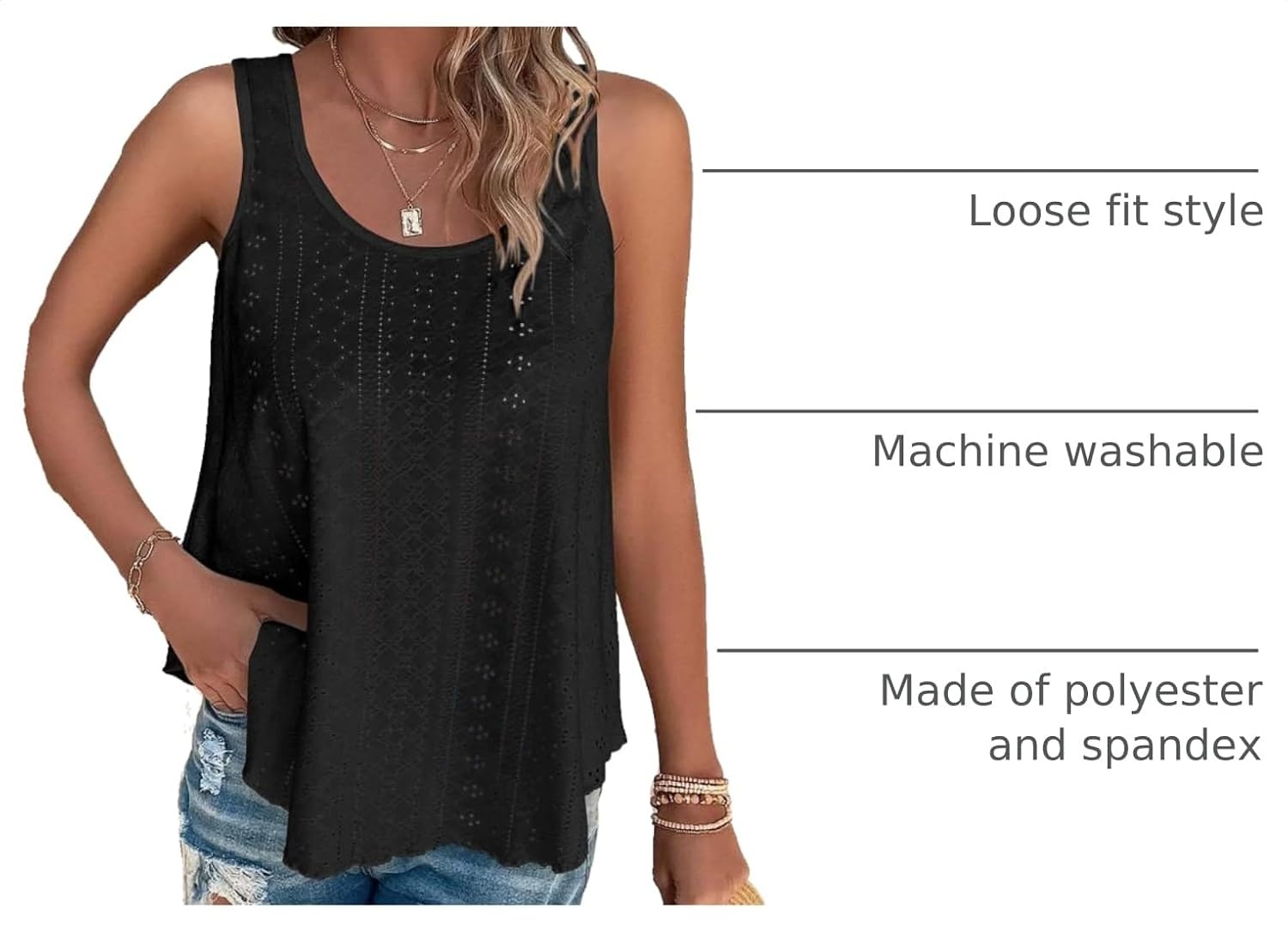 image:imageATHMILE Womens Tank Tops Sleeveless Summer Top Spaghetti Strap Flowy Boho ClothesLoose Spring Shirt Loose FitBeach Vacation Camisole EyeletZblack