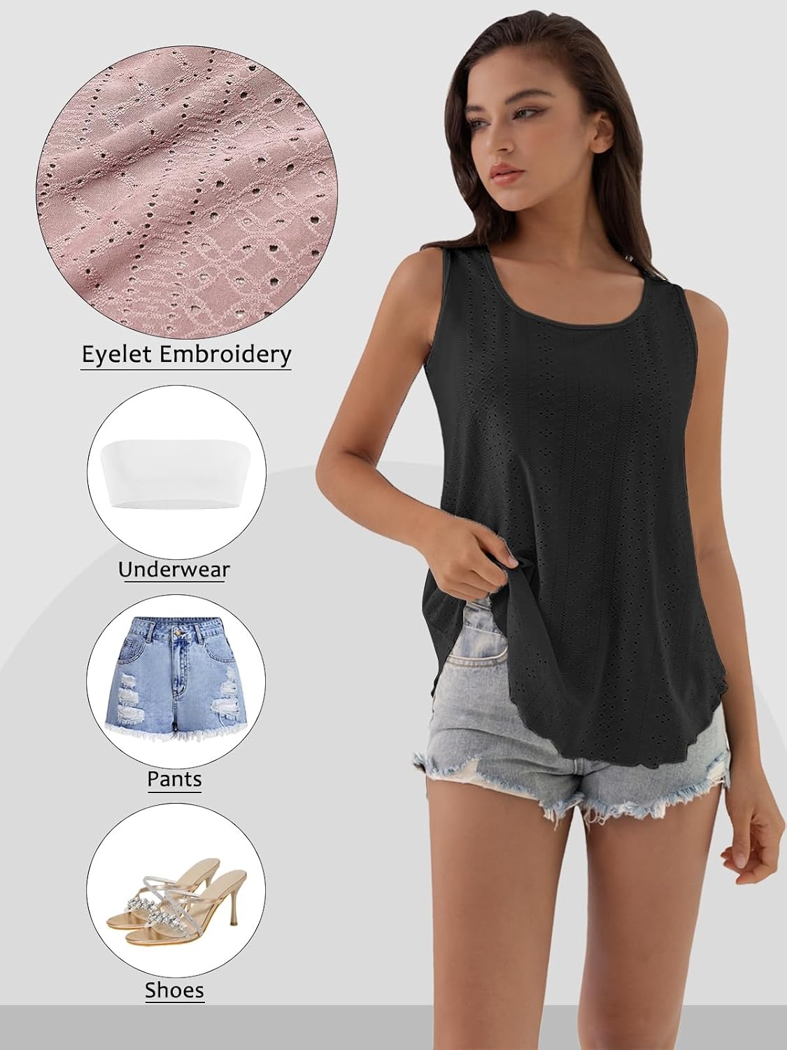 image:imageATHMILE Womens Tank Tops Sleeveless Summer Top Spaghetti Strap Flowy Boho ClothesLoose Spring Shirt Loose FitBeach Vacation Camisole EyeletZblack