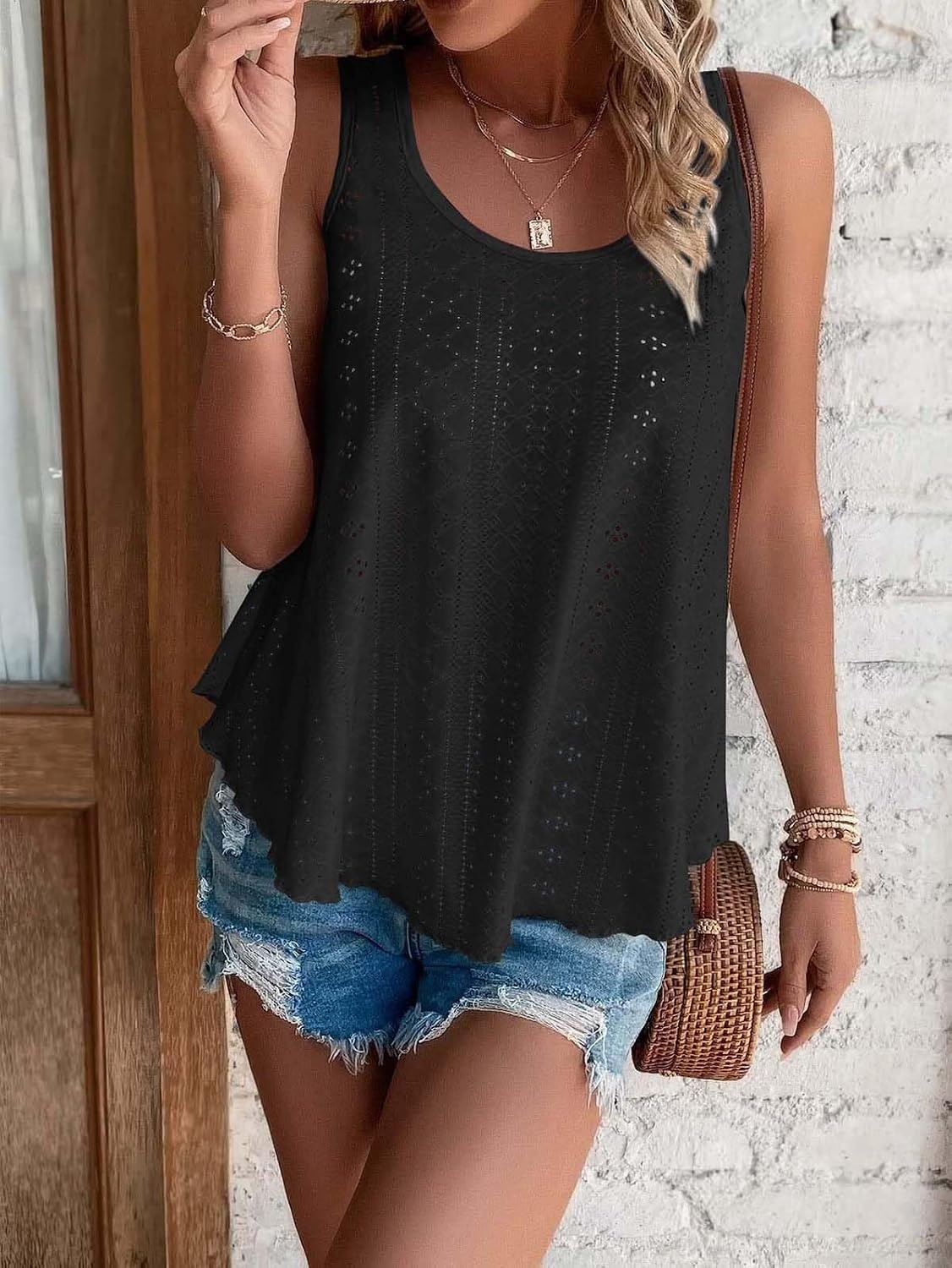 image:imageATHMILE Womens Tank Tops Sleeveless Summer Top Spaghetti Strap Flowy Boho ClothesLoose Spring Shirt Loose FitBeach Vacation Camisole EyeletZblack