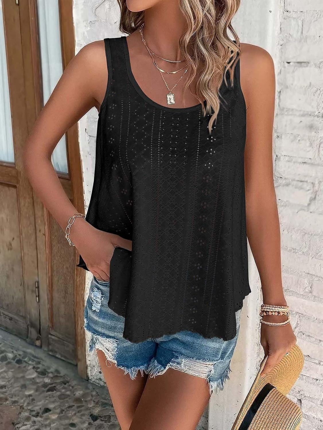 image:imageATHMILE Womens Tank Tops Sleeveless Summer Top Spaghetti Strap Flowy Boho ClothesLoose Spring Shirt Loose FitBeach Vacation Camisole EyeletZblack