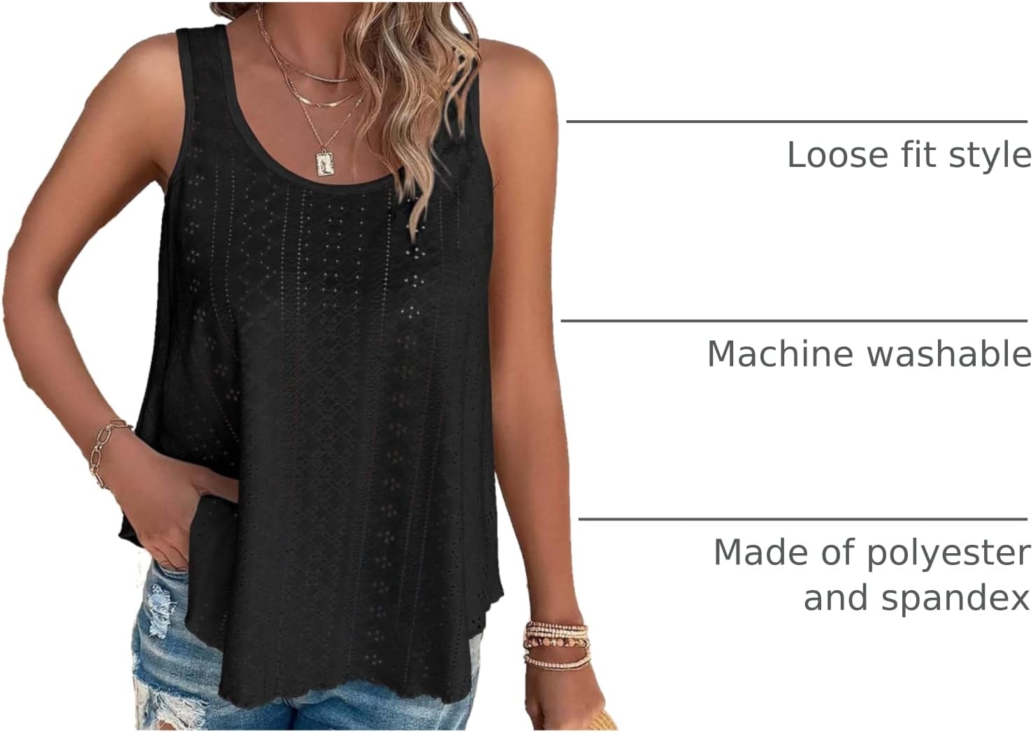 image:imageATHMILE Womens Tank Tops Sleeveless Summer Top Spaghetti Strap Flowy Boho ClothesLoose Spring Shirt Loose FitBeach Vacation Camisole EyeletZblack