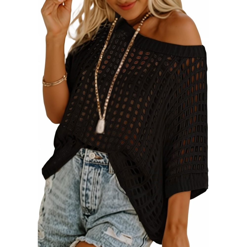 image:imageATHMILE Womens Short Sleeve Sweaters Scoop Neck Summer Beach Cover up Casual Crochet Hollow Out Knit Tops Pullover ShirtsBlack