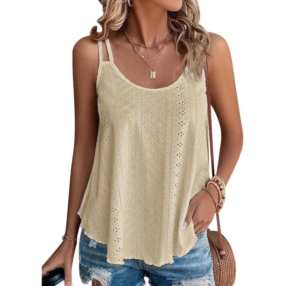 image:imageATHMILE Womens Tank Tops Sleeveless Summer Top Spaghetti Strap Flowy Boho ClothesLoose Spring Shirt Loose FitBeach Vacation Camisole EyeletApricot