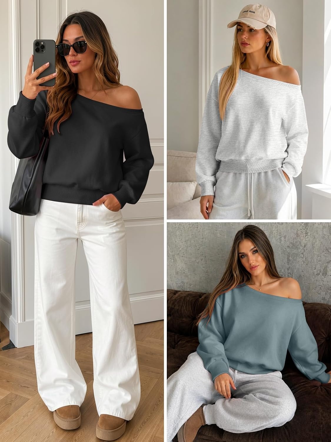 image:imageATHMILE Womens Off the Shoulder Sweatshirt Fleece Long Sleeve Crop Top Oversized Fall OutfitsTrendy Streetwear PulloverCozy Fleece Sexy Y2K HoodiesTeen Girl FashionWhite