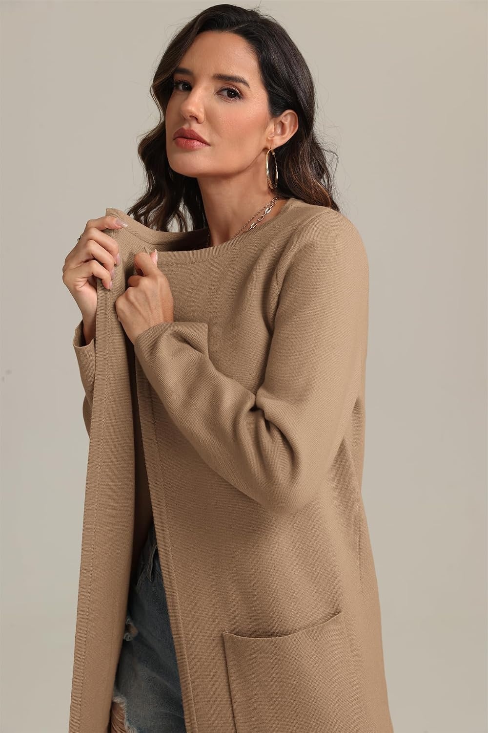 image:imageWomens Fall Sweater Open Front Knit Lightweight Cardigan Casual Long Coatigan Lady Jacket Coat Winter Outerwear 2026Khaki