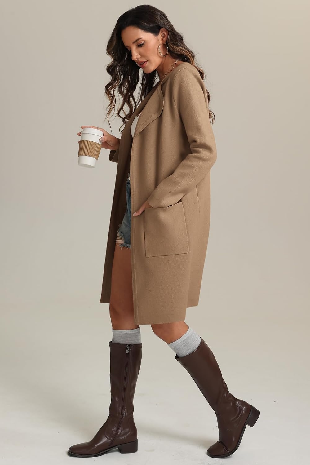 image:imageWomens Fall Sweater Open Front Knit Lightweight Cardigan Casual Long Coatigan Lady Jacket Coat Winter Outerwear 2026Khaki