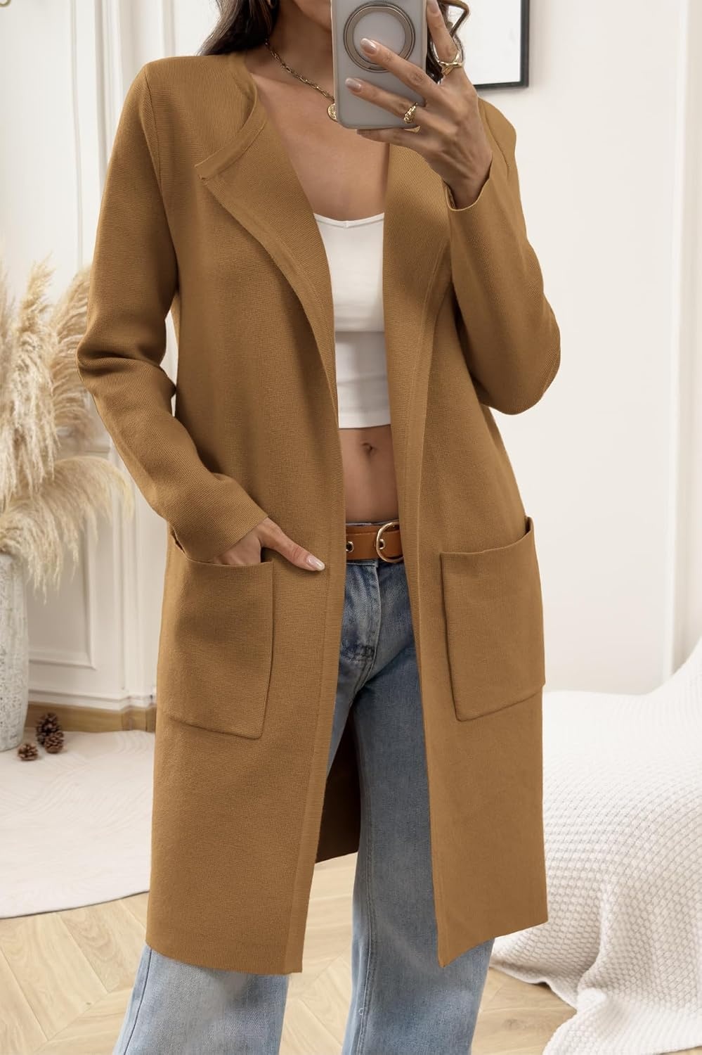 image:imageWomens Fall Sweater Open Front Knit Lightweight Cardigan Casual Long Coatigan Lady Jacket Coat Winter Outerwear 2026Light Brown