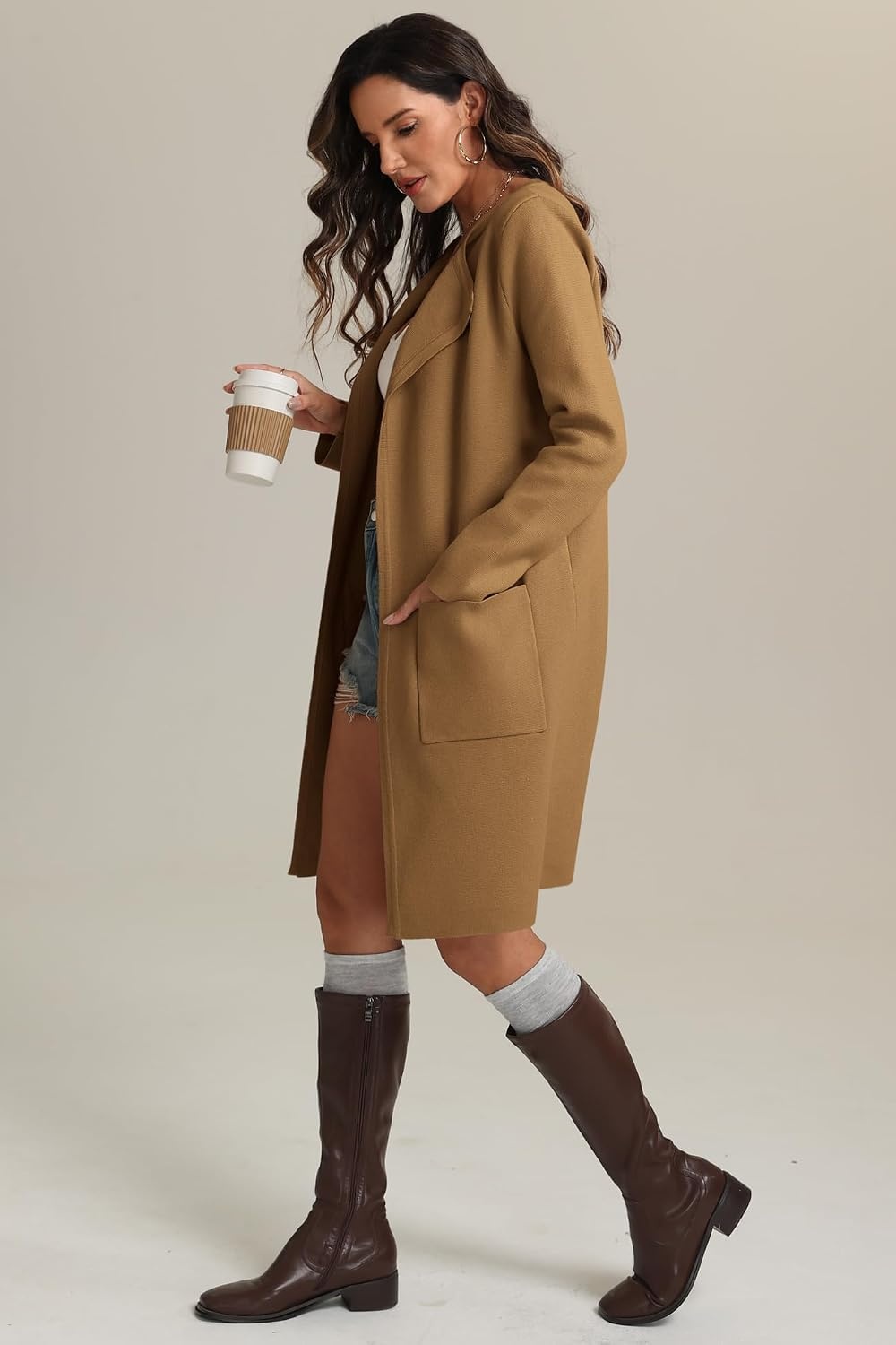 image:imageWomens Fall Sweater Open Front Knit Lightweight Cardigan Casual Long Coatigan Lady Jacket Coat Winter Outerwear 2026Light Brown