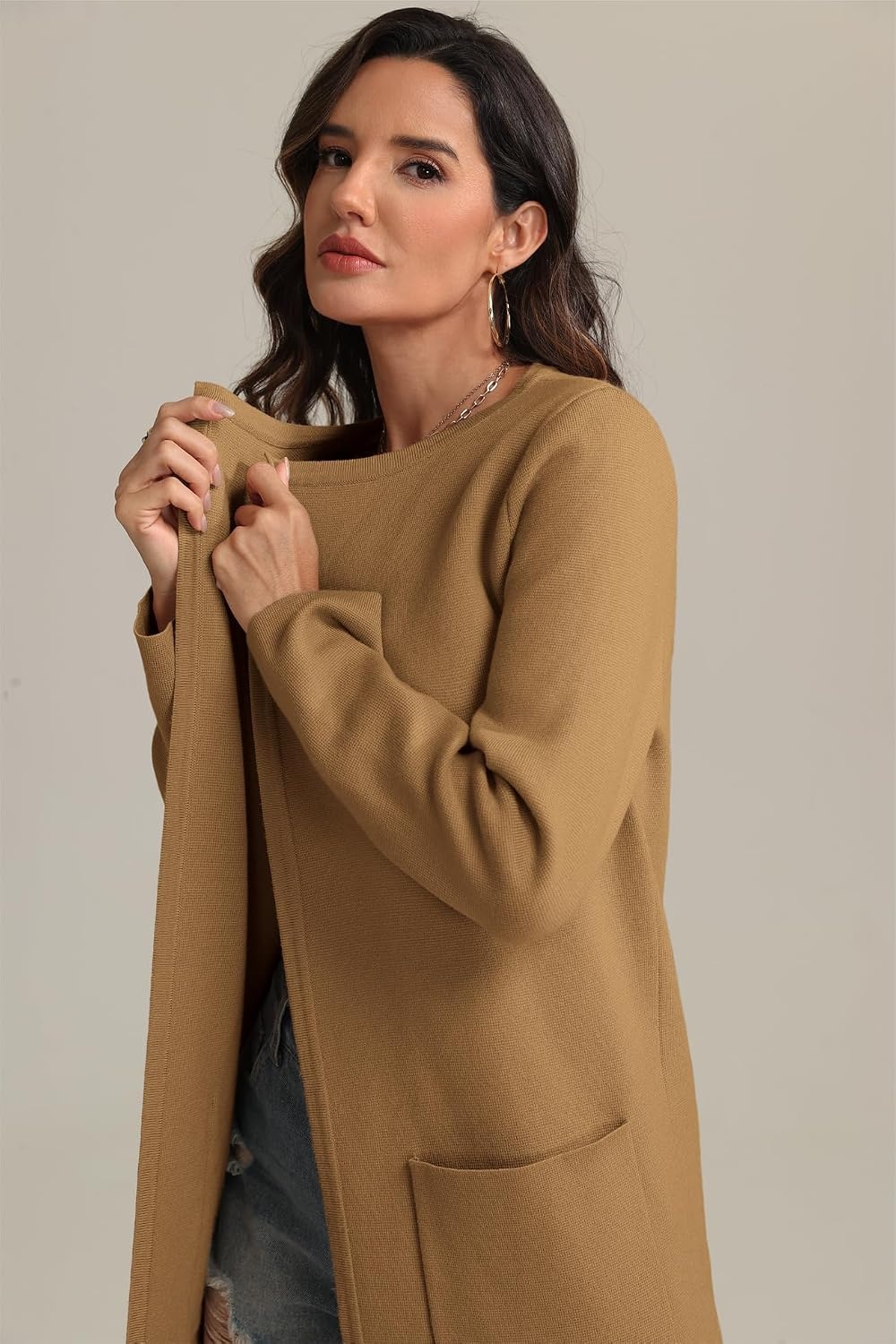 image:imageWomens Fall Sweater Open Front Knit Lightweight Cardigan Casual Long Coatigan Lady Jacket Coat Winter Outerwear 2026Light Brown